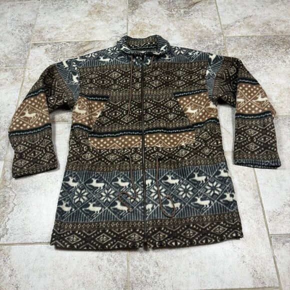 Vintage NY 10018 Jacket Womens Medium 90s Southwest Western Fair Isle Fleece - Picture 1 of 12